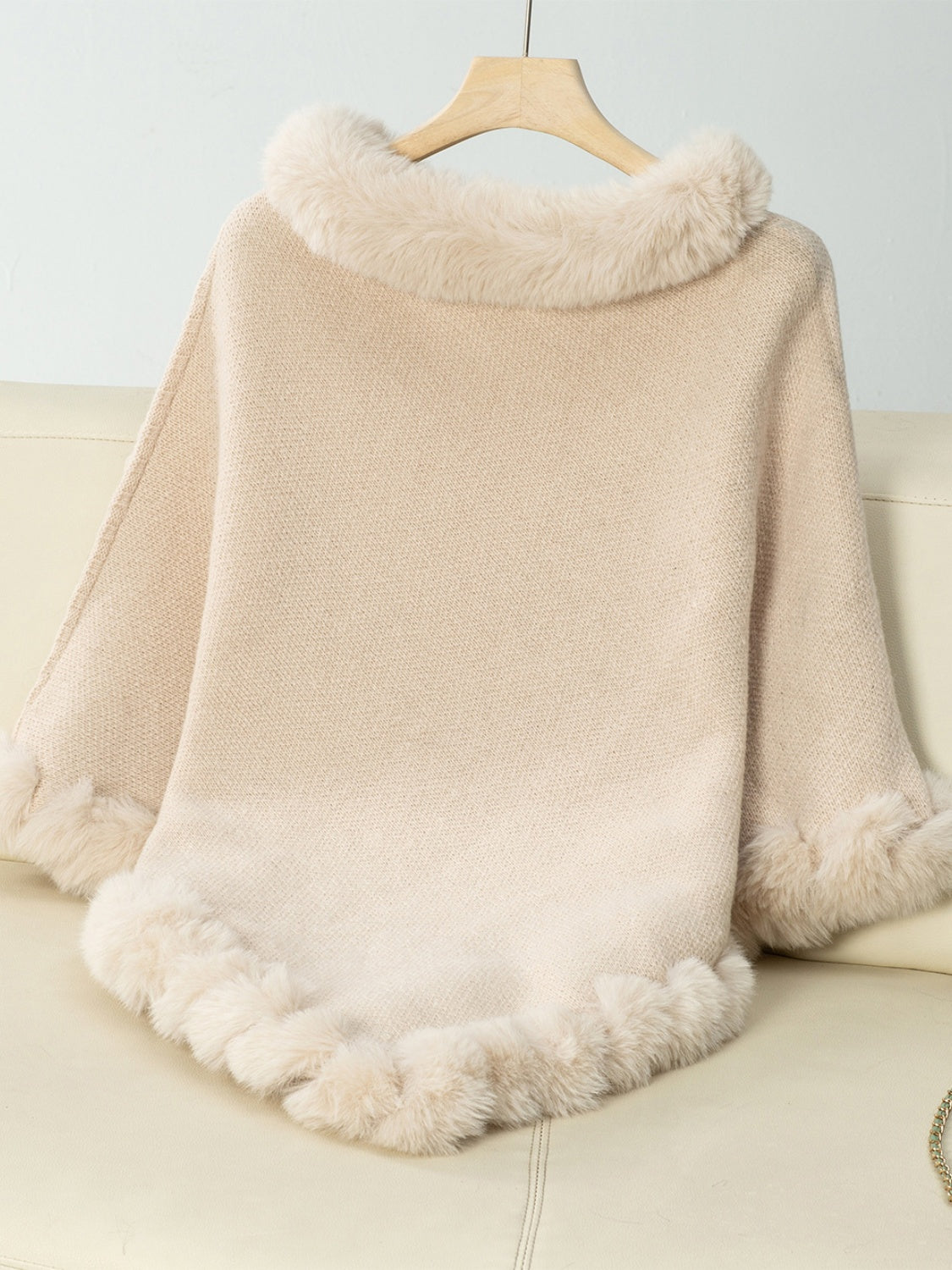 Fuzzy Trim Texture Three-Quarter Sleeve Poncho - 1 SIZE - T - 6 COLORS -