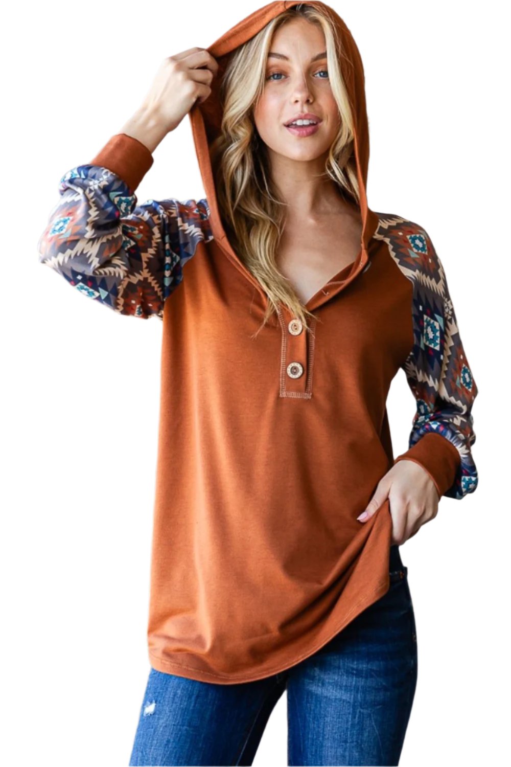 Heimish Full Size Half Button Printed Long Sleeve Hooded Top - T - 1 COLOR -