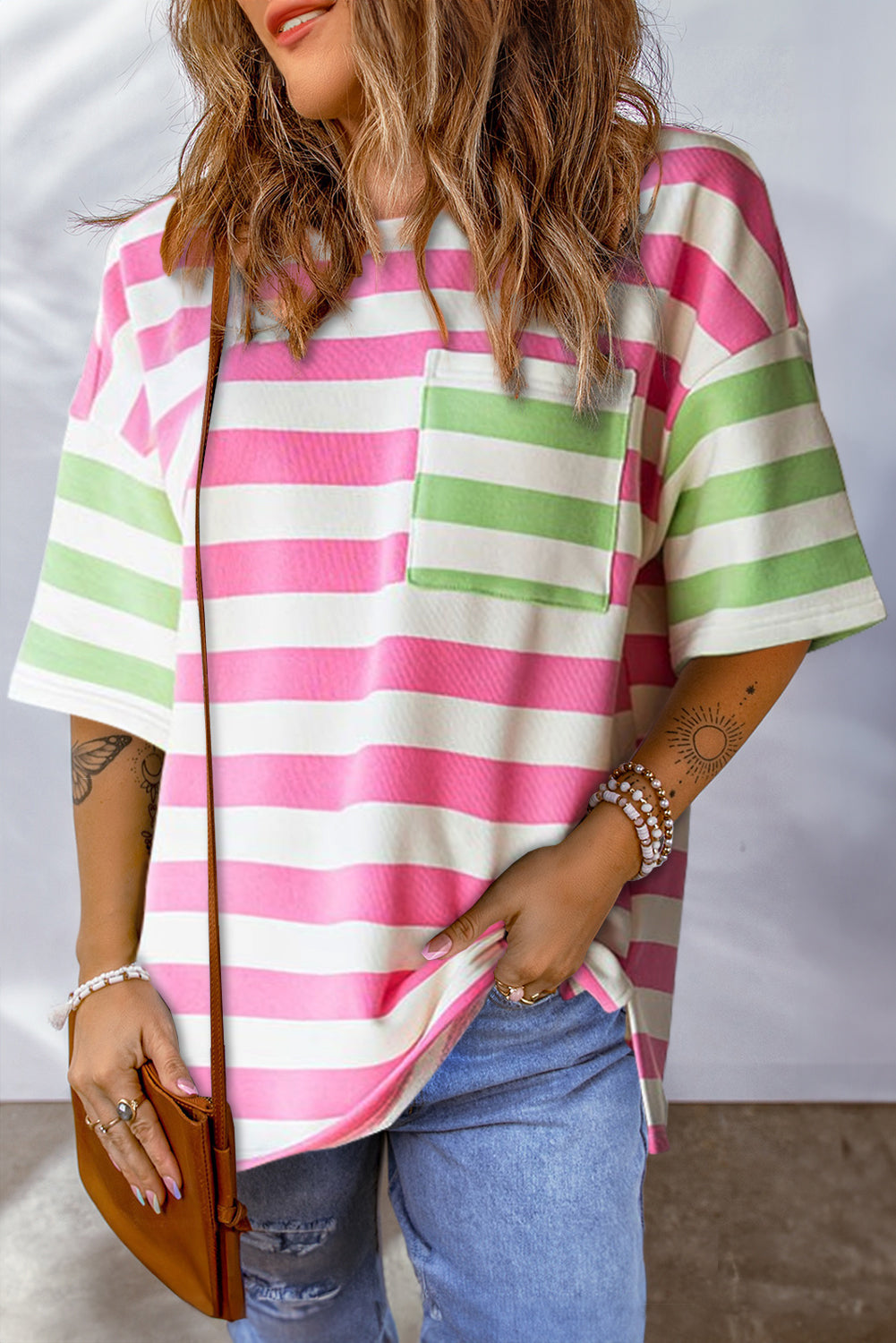 Striped Round Neck Half Sleeve T-Shirt - T - 2 COLORS -