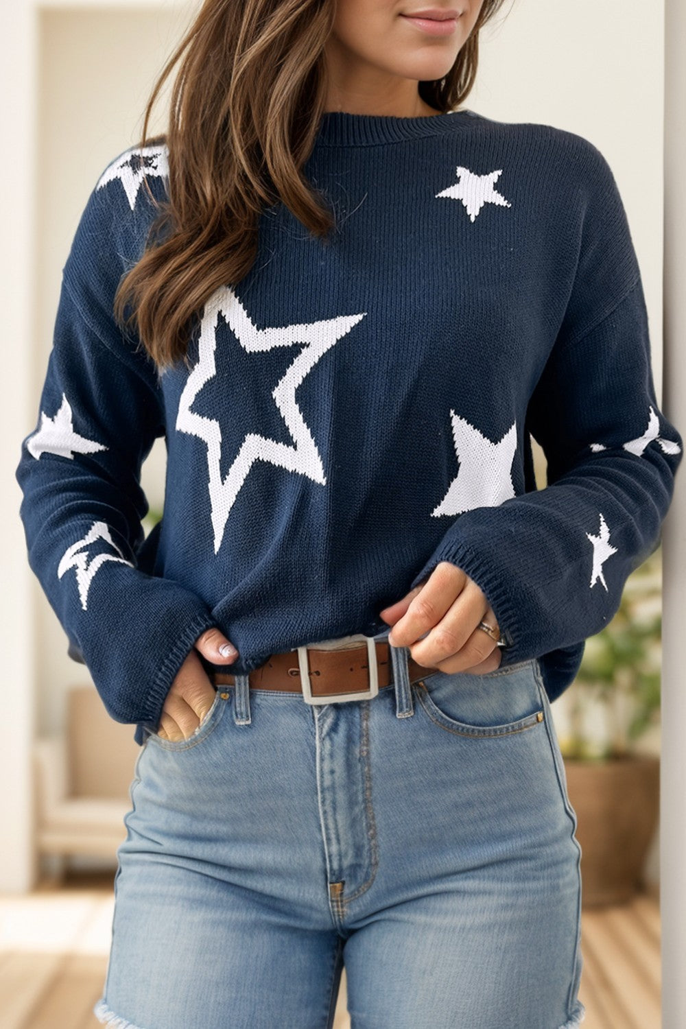 Star Round Neck Long Sleeve Sweater - T - 1 COLOR -