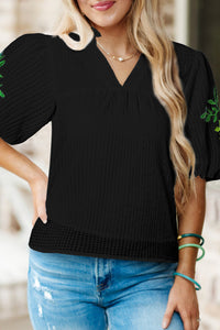 Thumbnail for Embroidered Notched Puff Sleeve Blouse - T - 1 COLOR -