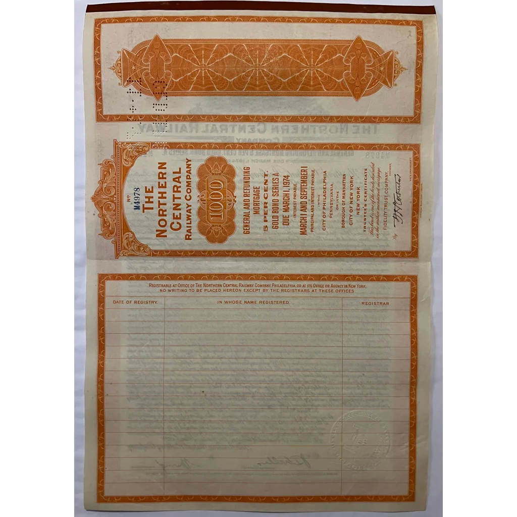 Antique 1924 Northern Central Railway Company Gold Bond Certificate