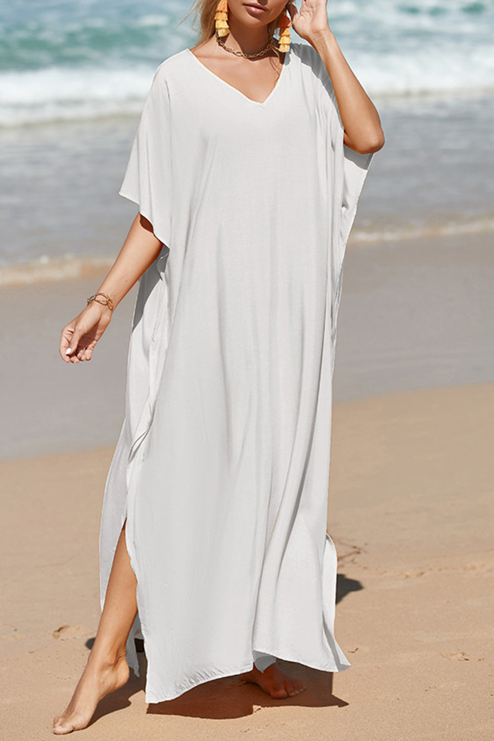 Slit V-Neck Half Sleeve Cover-Up - T - 5 COLORS -