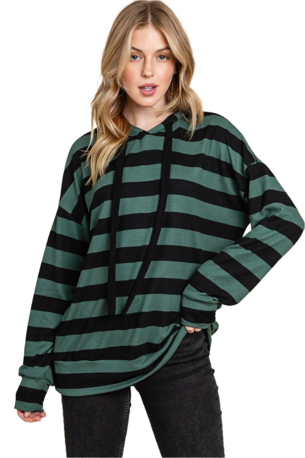 BOMBOM Drawstring Striped Dropped Shoulder Hoodie - T - 1 COLOR -