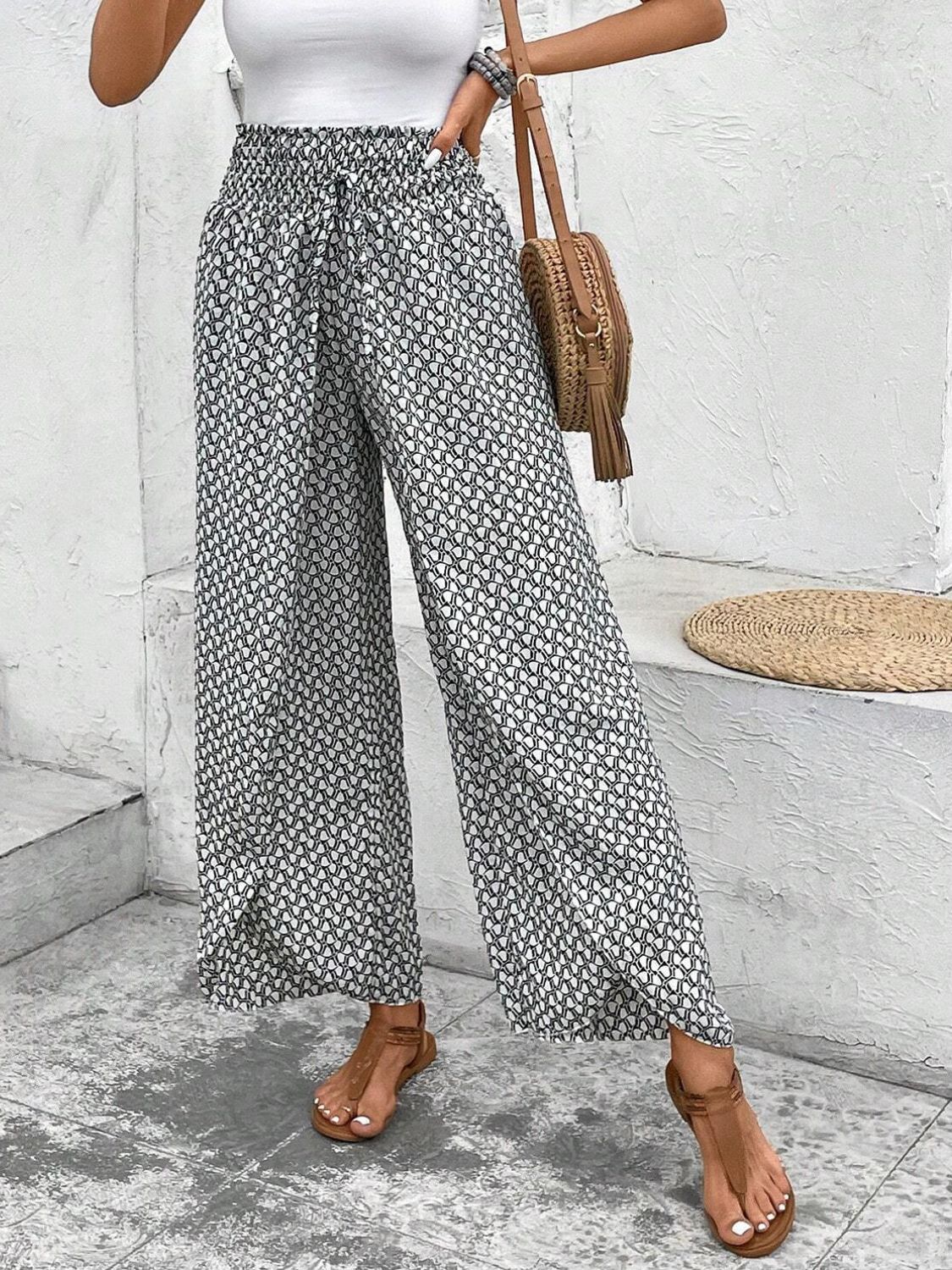 Tied Printed Wide Leg Pants - T - 5 COLORS -