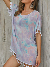 Thumbnail for Full Size Tassel Scoop Neck Half Sleeve Cover Up - T - 3 COLORS -