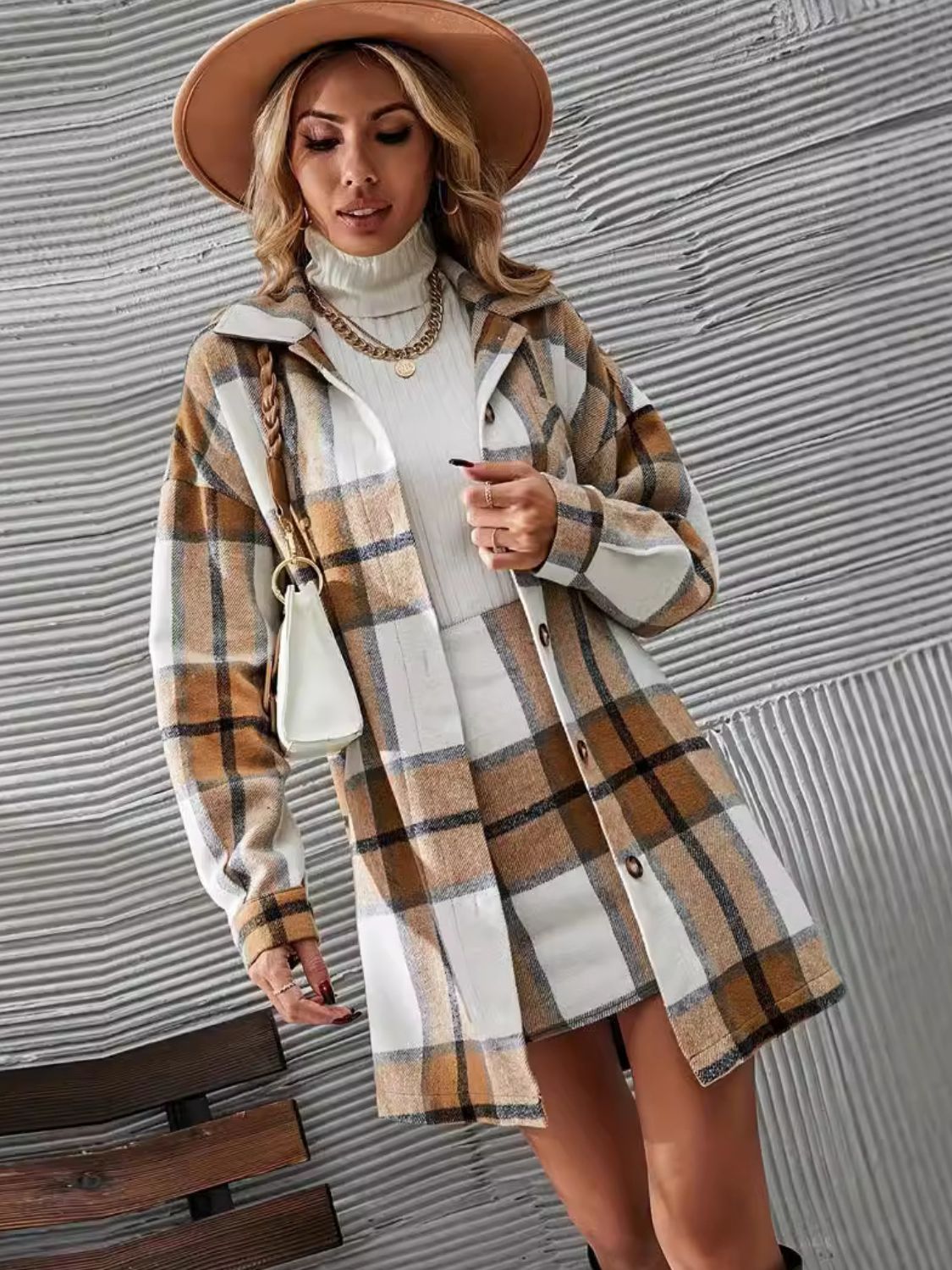 Plaid Button Up Long Sleeve Coat and Skirt Set - 2 PCS. - T - 1 COLOR -