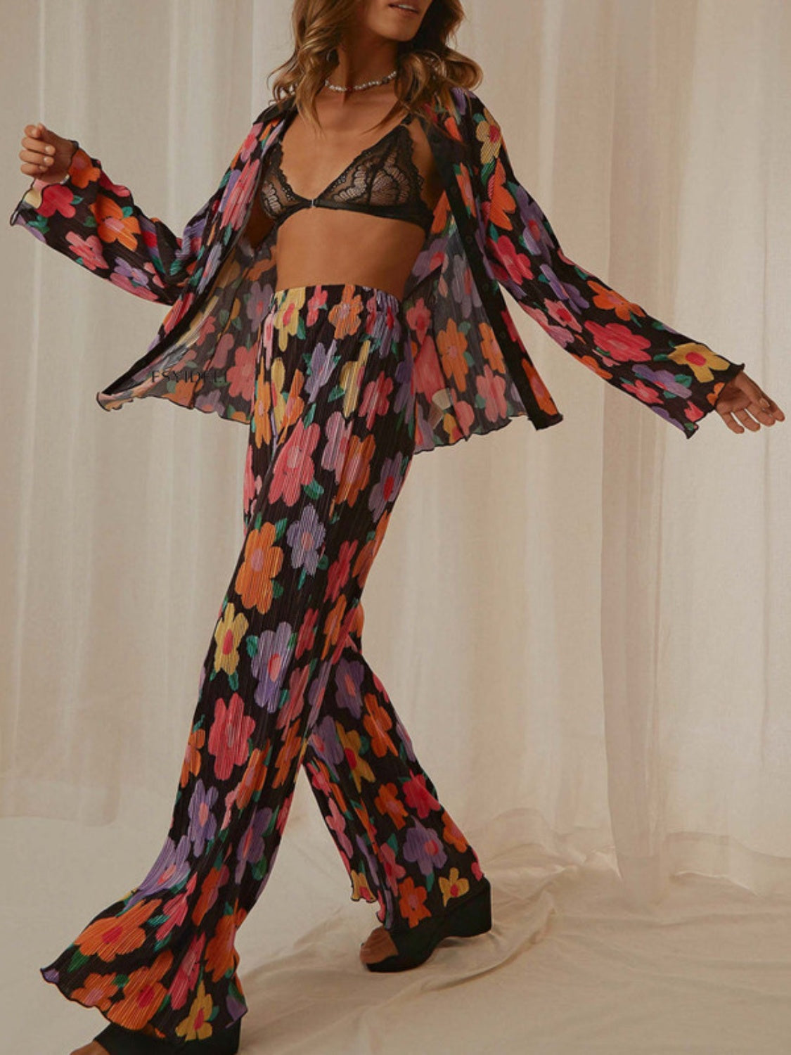 Printed Collared Neck Long Sleeve Top and Pants Lounge Set - 2 PCS. - T - 4 COLORS -