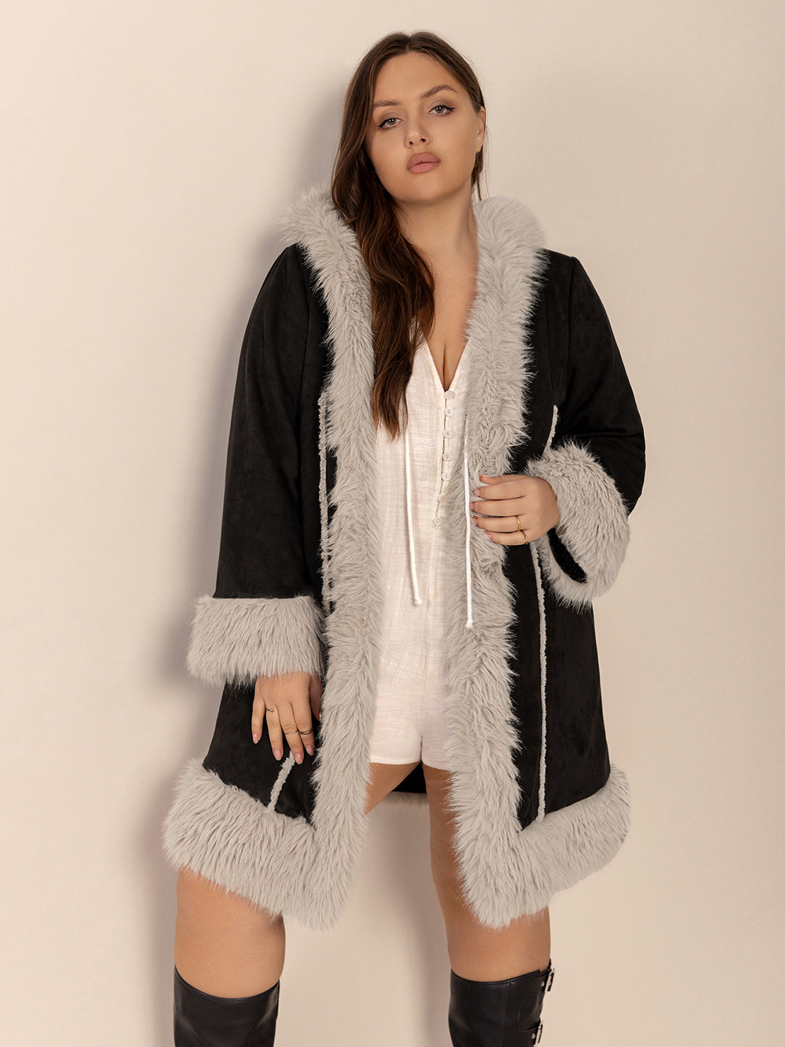 Plus Size Fuzzy Trim Open Front Long Sleeve Hooded Coat - 1XL THRU 4XL ONLY - T - 1 COLOR