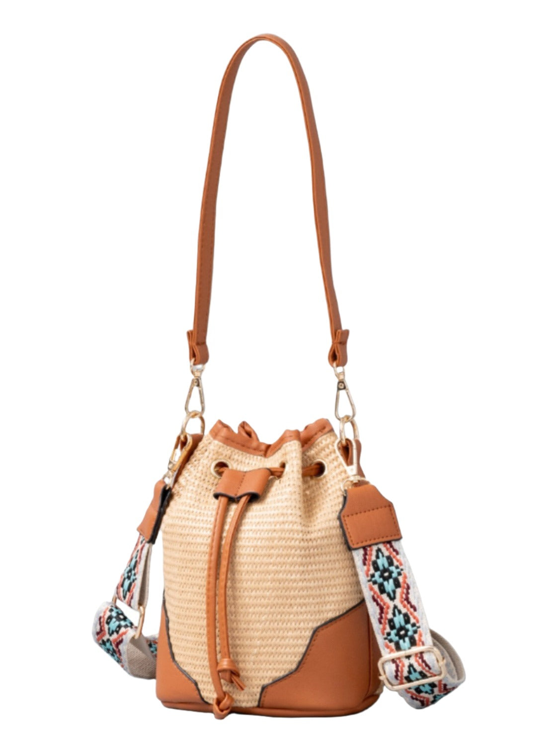 Faux Leather Straw Braided Adjustable Strap Bucket Bag - T - 3 COLORS -