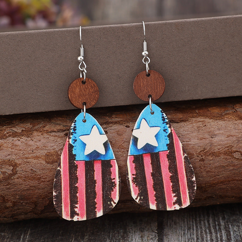 US Star & Stripes Wooden Dangle Earrings - T -