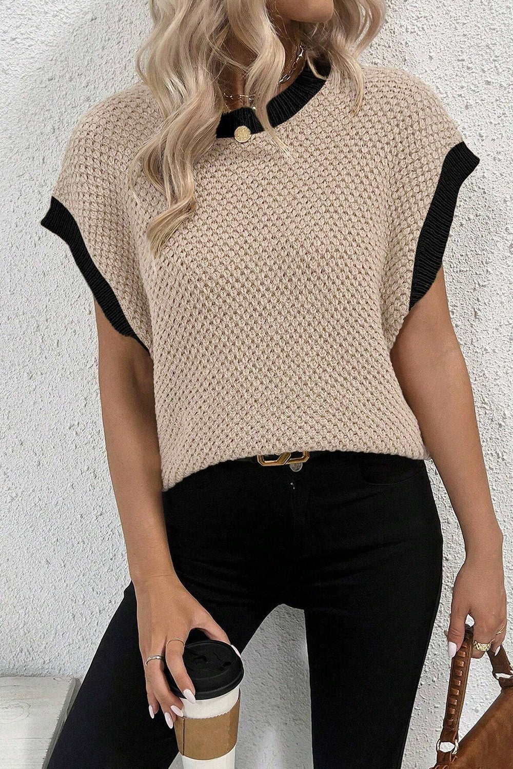 Contrast Round Neck Cap Sleeve Knit Top - T - 1 COLOR -