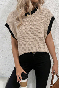 Thumbnail for Contrast Round Neck Cap Sleeve Knit Top - T - 1 COLOR -