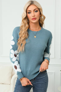 Thumbnail for Flower Round Neck Long Sleeve Sweater - T - 5 COLORS -