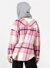 Thumbnail for Drawstring Plaid Button Up Long Sleeve Hooded Jacket - T - 2 COLORS -