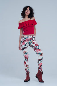 Thumbnail for Q2 - White Jeans With Roses Print - 1 COLOR -