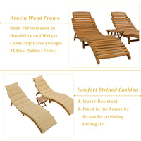 Thumbnail for Outdoor Patio Wood Portable Extended Chaise Lounge Set With Foldable Tea Table for Balcony, Poolside, Garden, Brown