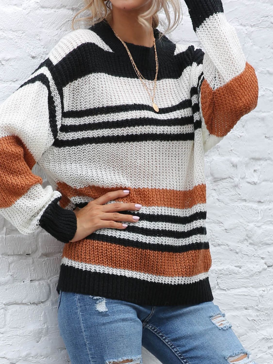 Contrast Striped Round Neck Long Sleeve Sweater - T - 1 COLOR -