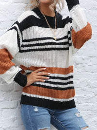 Thumbnail for Contrast Striped Round Neck Long Sleeve Sweater - T - 1 COLOR -