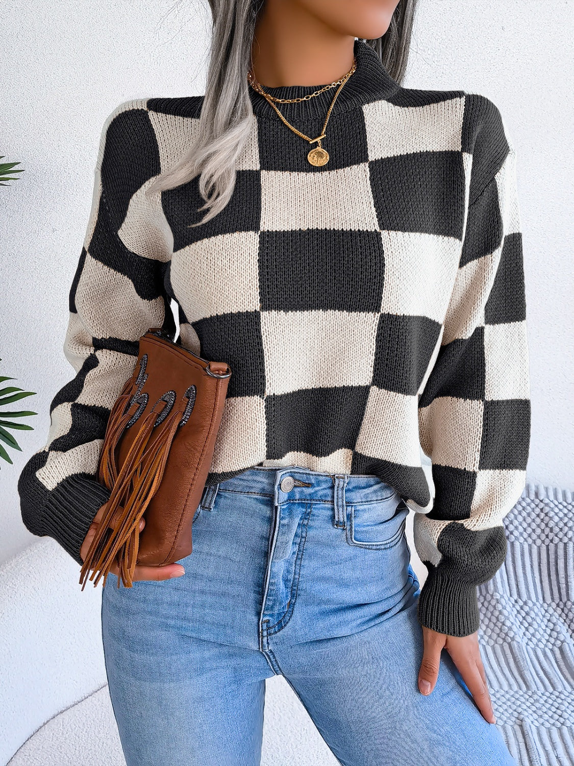 Checkered Mock Neck Long Sleeve Sweater - T - 4 COLORS -