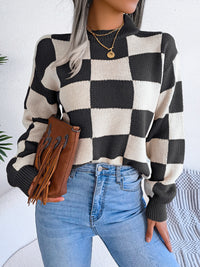 Thumbnail for Checkered Mock Neck Long Sleeve Sweater - T - 4 COLORS -