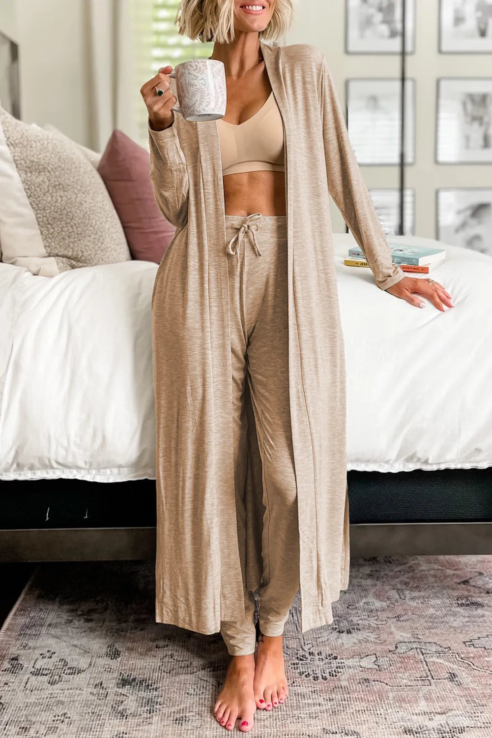 Open Front Long Sleeve Cardigan and Pants Lounge Set - 2 PCS. - T - 1 COLOR -