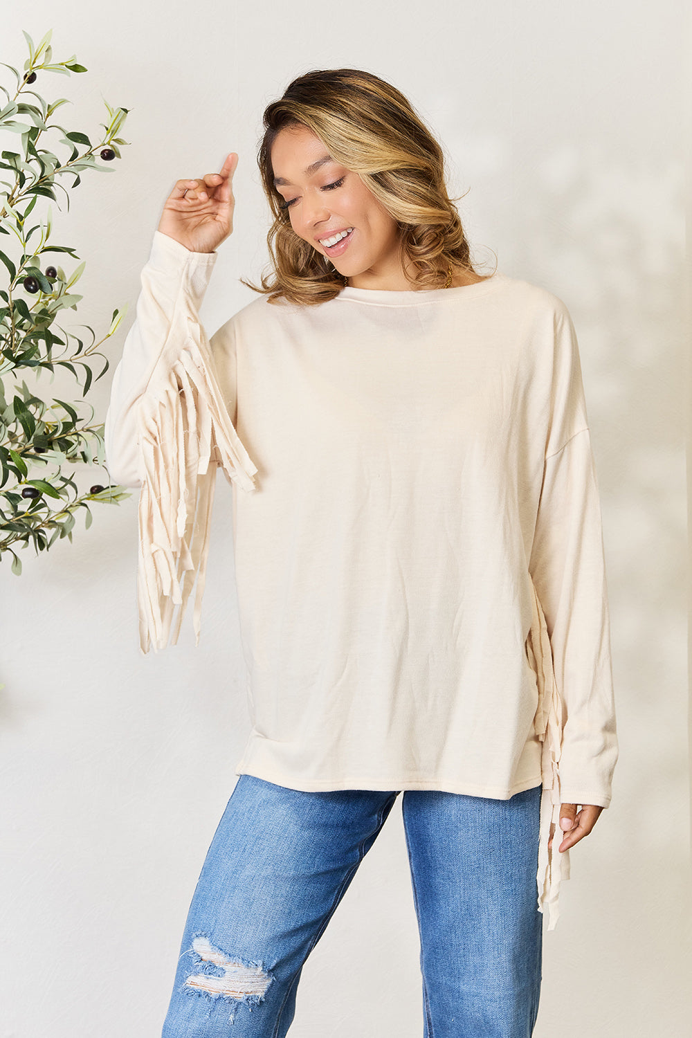 Celeste Full Size Fringe Detail Long Sleeve Blouse - SIZES S THRU 3 XL - T - 1 COLOR -