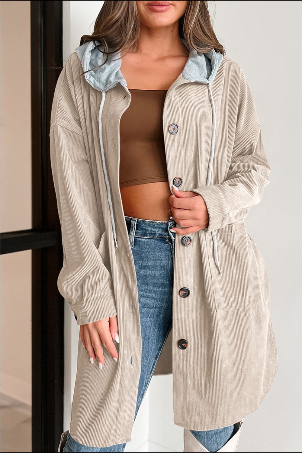 Drawstring Button Up Long Sleeve Hooded Jacket - T - 2 COLORS -