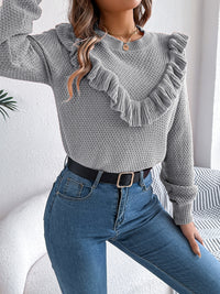 Thumbnail for Ruffled Round Neck Long Sleeve Sweater - T - 1 COLOR -