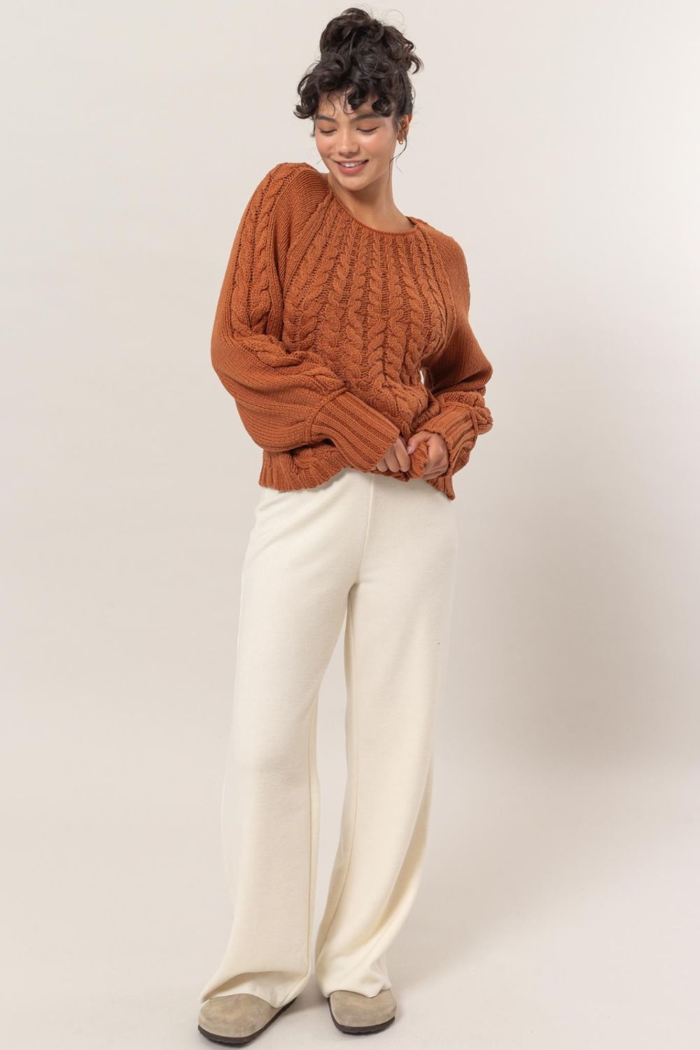 HYFVE Cable-Knit Round Neck Raglan Sleeve Sweater - T - 1 COLOR -