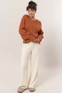 Thumbnail for HYFVE Cable-Knit Round Neck Raglan Sleeve Sweater - T - 1 COLOR -