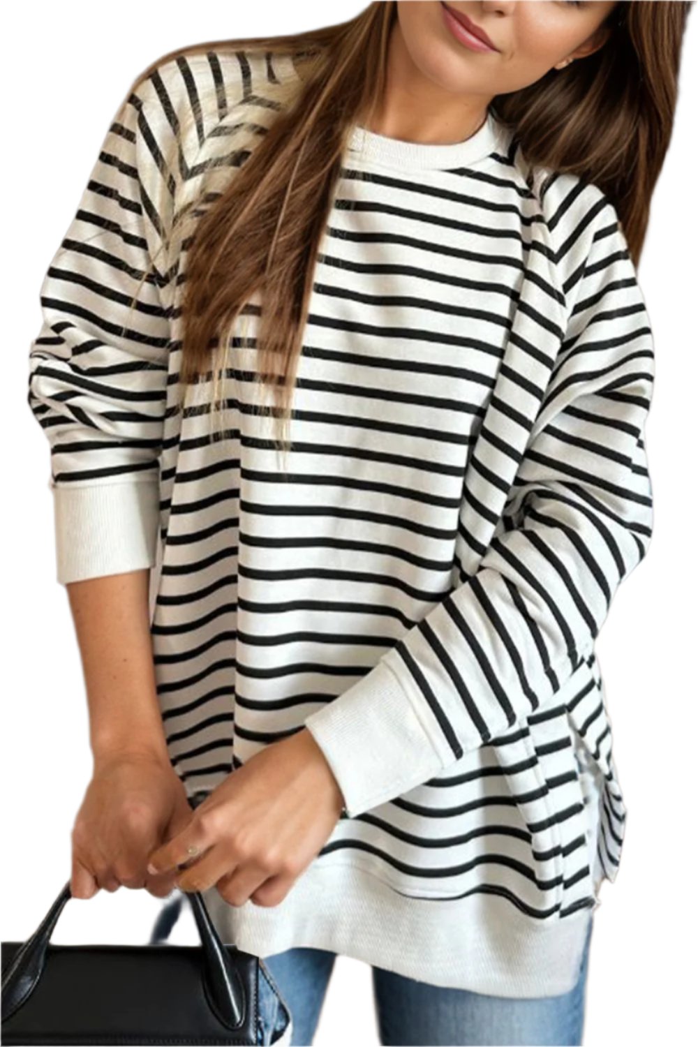 Slit Striped Round Neck Long Sleeve Sweatshirt - T - 1 COLOR -