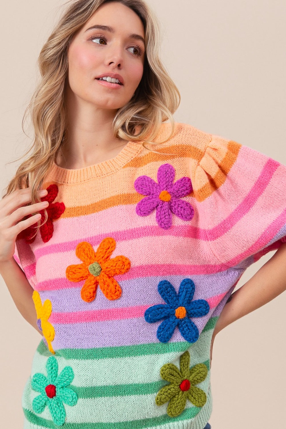 BiBi Flower Patch Puff Sleeve Striped Sweater - T - 1 COLOR -