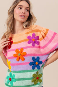 Thumbnail for BiBi Flower Patch Puff Sleeve Striped Sweater - T - 1 COLOR -