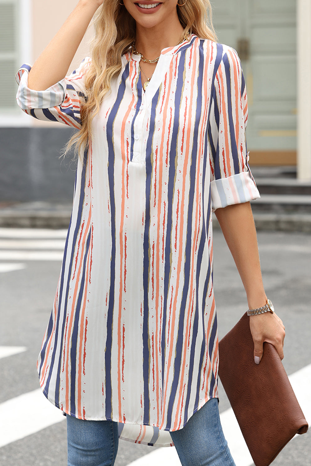 Striped High-Low Longline Shirt - T - 1 COLOR -