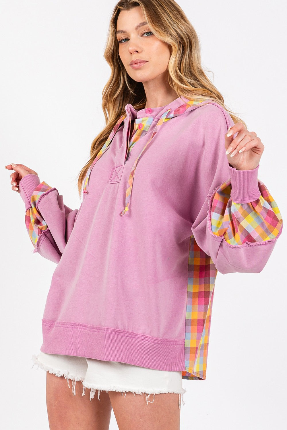 SAGE + FIG Full Size Plaid Print Washed Hoodie - T - 1 COLOR -