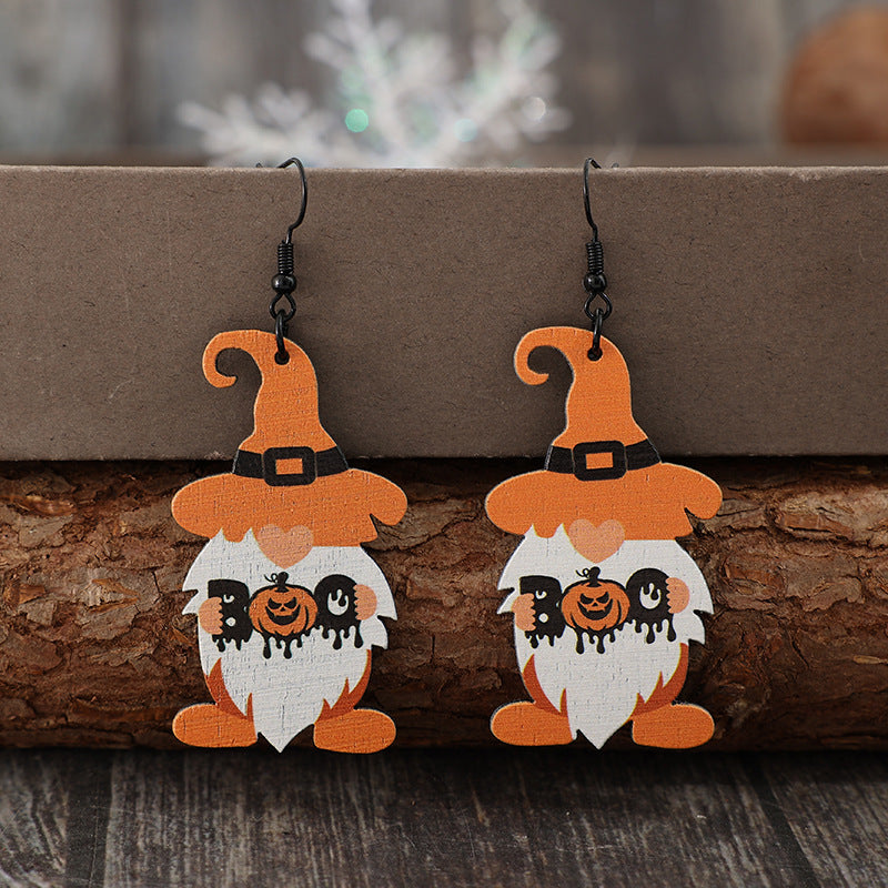 Wooden Gnome Pumpkin Dangle Earrings - T - 1 COLOR -