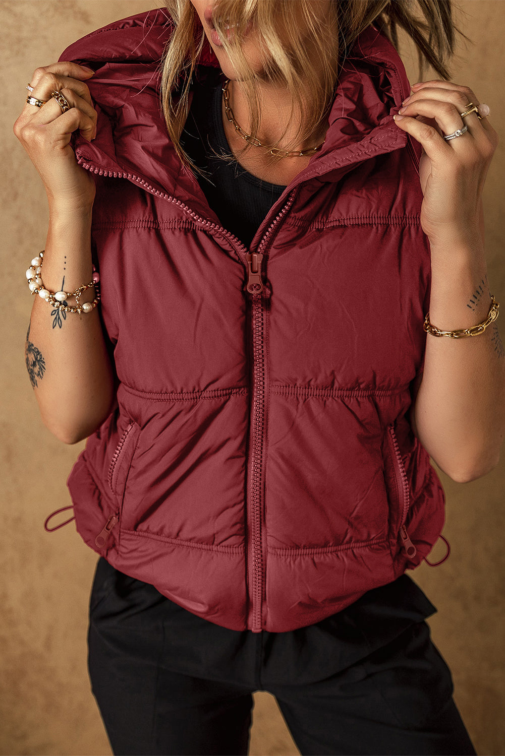 Drawstring Zip Up Hooded Vest Jacket - T - 1 COLOR -