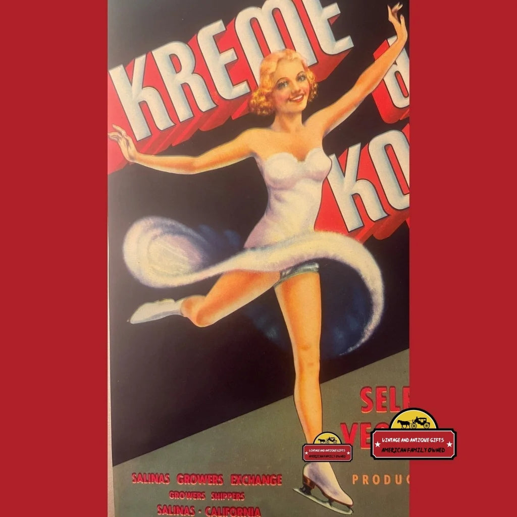 Antique Vintage Kreme De Koke Vegetable Label, Salinas, Ca 1930s, Ice Skater