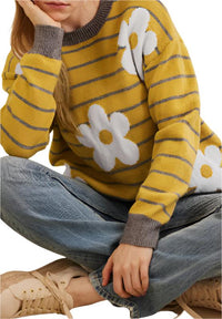 Thumbnail for Flower Stripe Round Neck Long Sleeve Sweater - T - 1 COLOR -