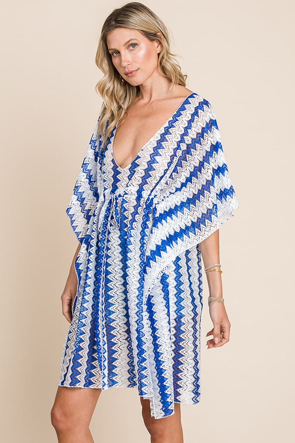 Cotton Bleu by Nu Label Tied Striped Plunge Half Sleeve Cover-Up - T - 1 COLOR -