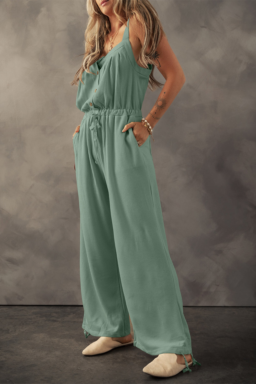 Drawstring Wide Strap Wide Leg Overalls - T - 1 COLOR -