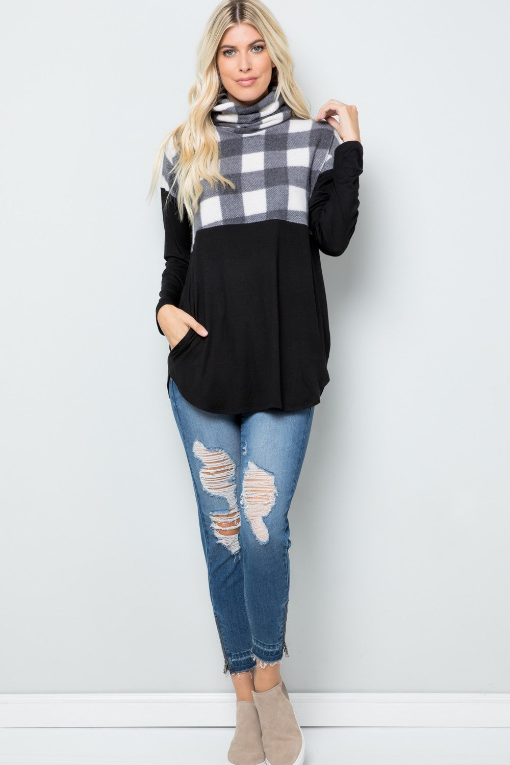 Celeste Pocketed Plaid Turtleneck Long Sleeve Blouse - T - 1 COLOR -