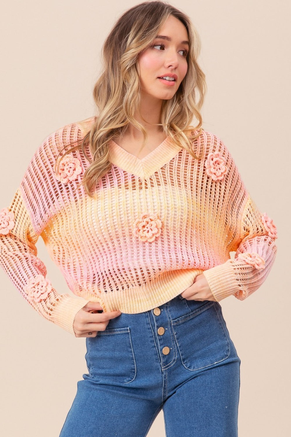 BiBi Ombre Crochet Flower Knit Top - T - 1 COLOR -