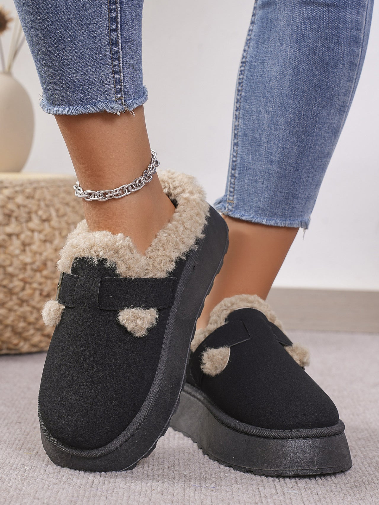 Thermal Fuzzy Buckle Platform Slippers - T - 3 COLORS -