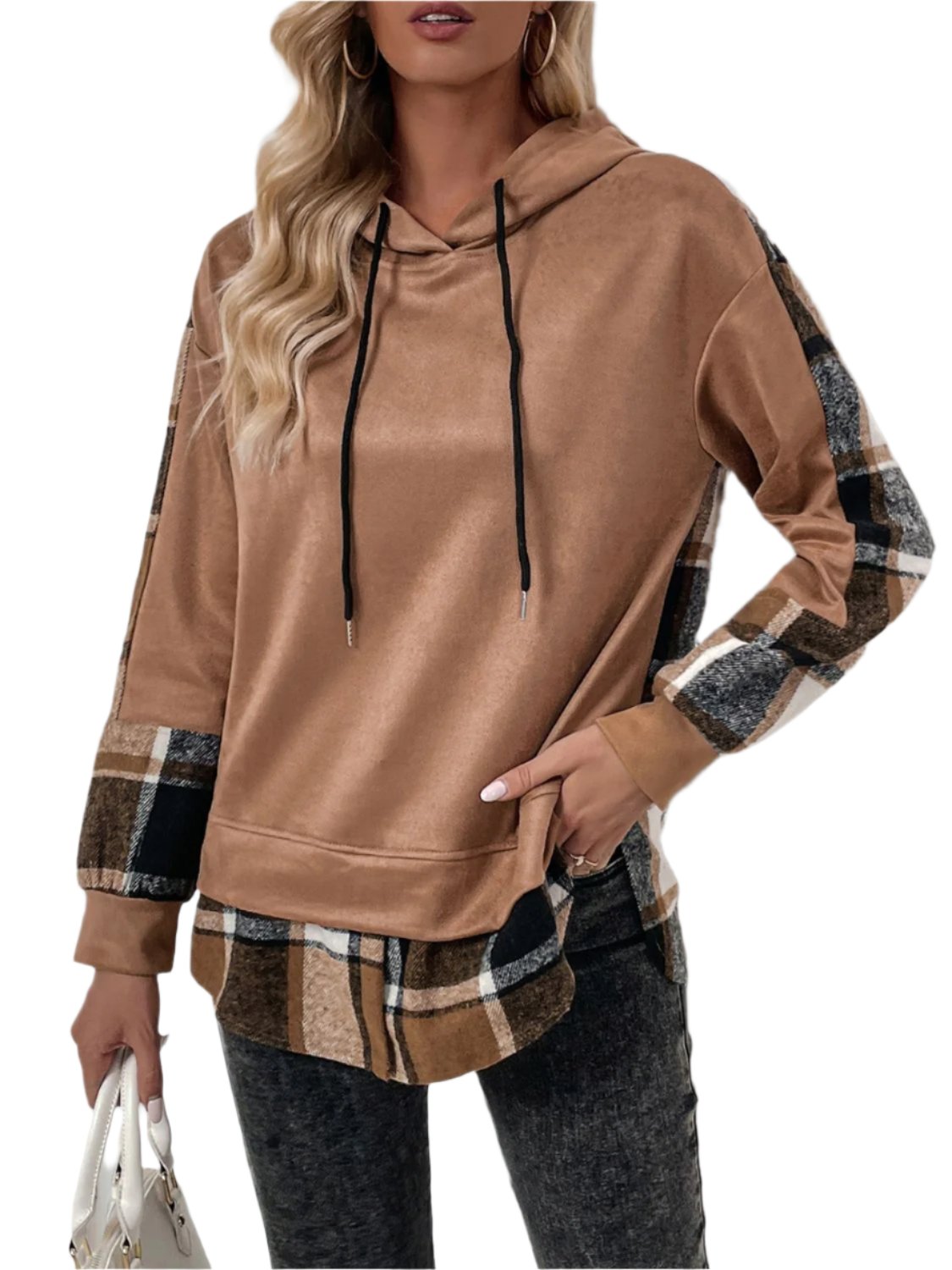 Perfee Drawstring Slit Plaid Long Sleeve Hoodie - T - 1 COLOR -