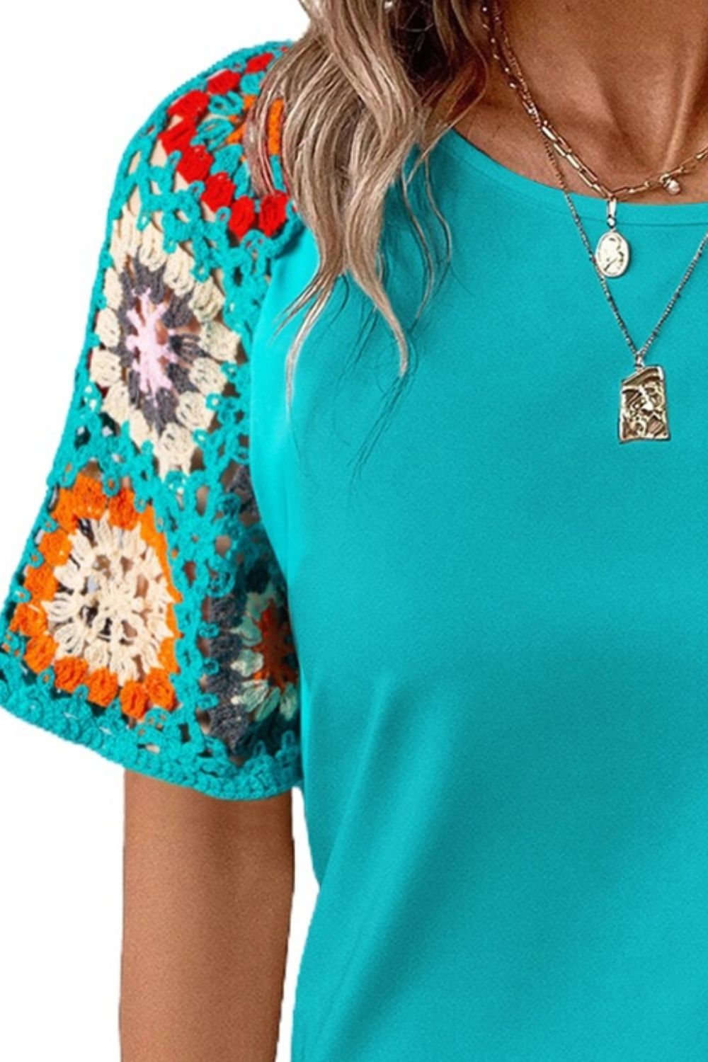 Geometric Round Neck Short Sleeve Blouse - T - 5 COLORS -