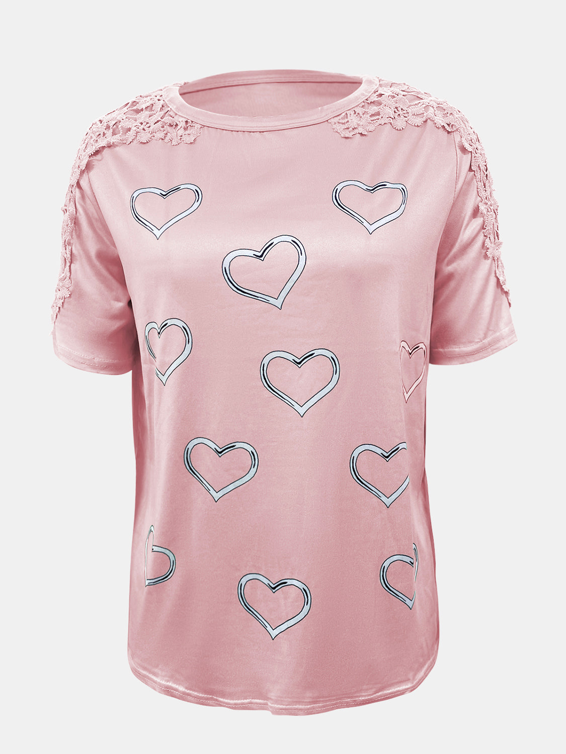 Full Size Lace Detail Heart Round Neck Short Sleeve Top - T - 5 COLORS -