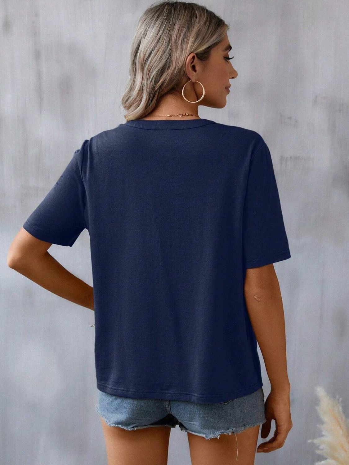 Embroidered Notched Short Sleeve T-Shirt - T - 5 COLORS -