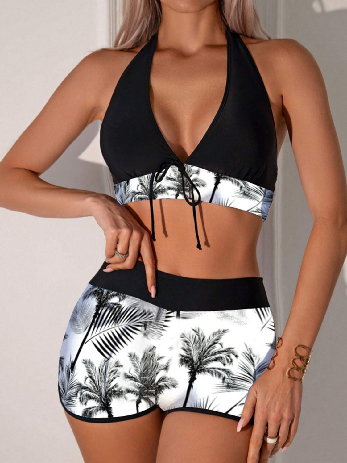 Printed Halter Neck Two-Piece Swim Set - T - 2 COLORS -